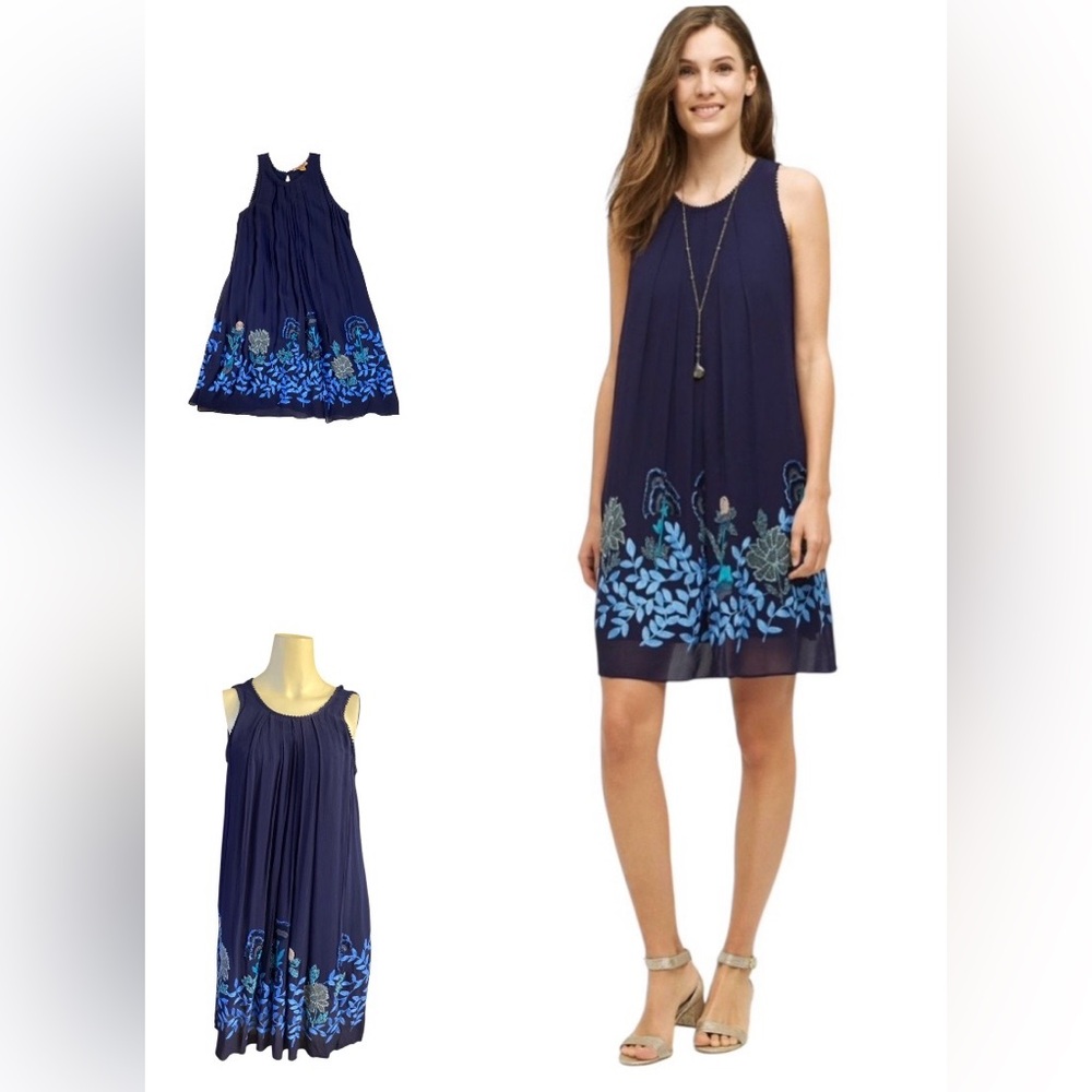 $228 ANTHROPOLOGYE WOODVINE SWING SLEEVELESS DRESS BY NOT SO SERIOUS EMBROIDERED